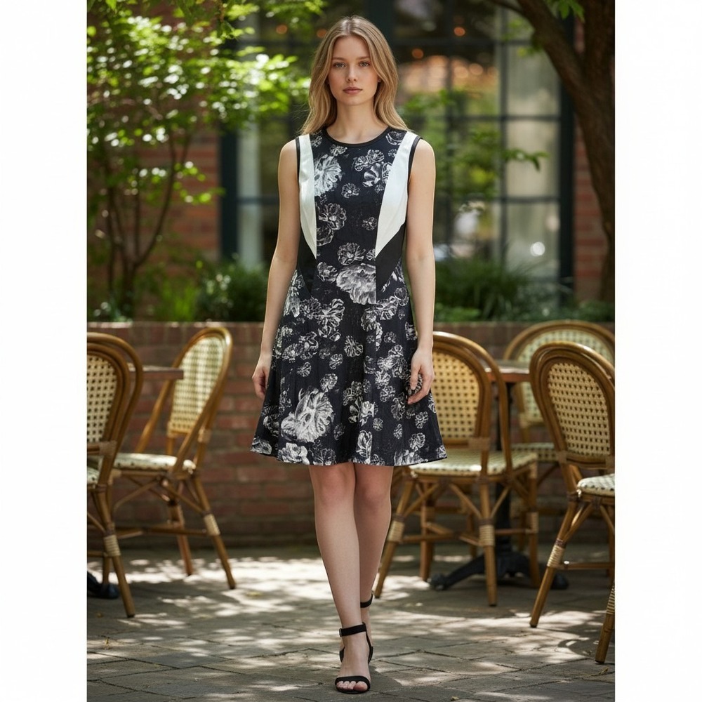 Prabal Gurung Fit Flare Dress Womens‎ 6 Black White Floral Mini Sleeveless